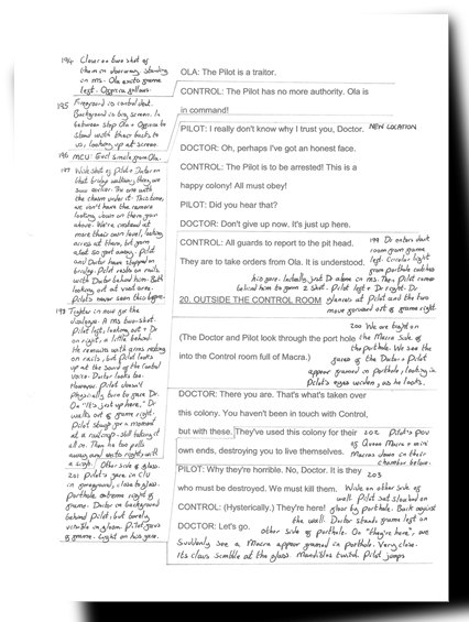 A page of Charles Norton's hand-written direction notes and animation script for The Macra Terror.